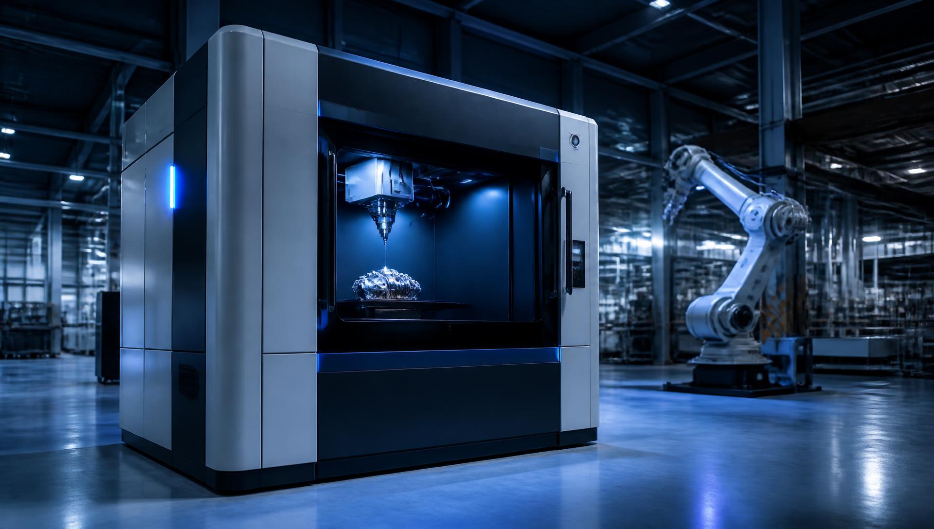 Industrial metal 3D printing system and robotic arm in a modern manufacturing facility